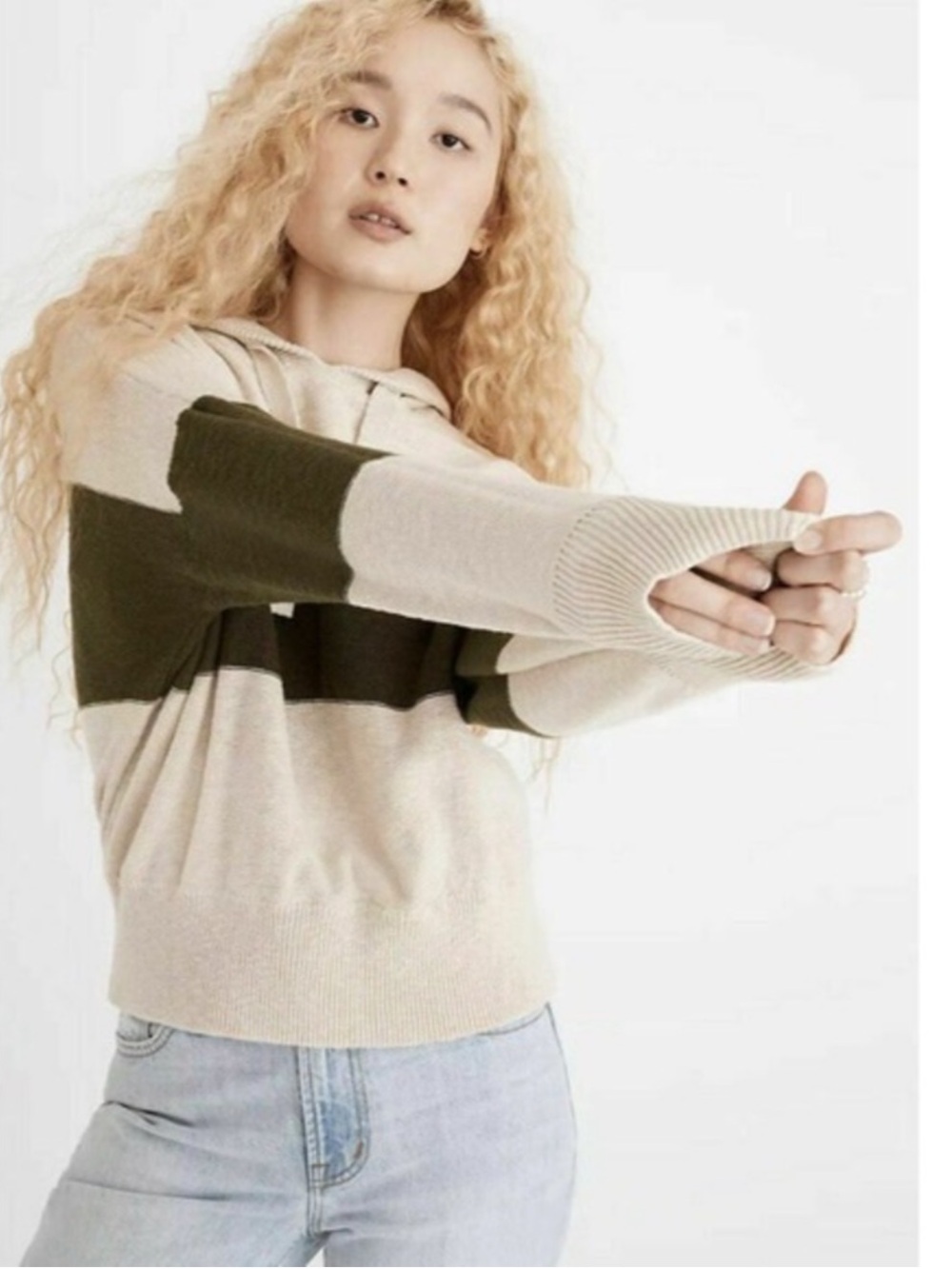 Madewell Clairview Cotton Hoodie Colorblock Pullover Cream Green Sweater XS